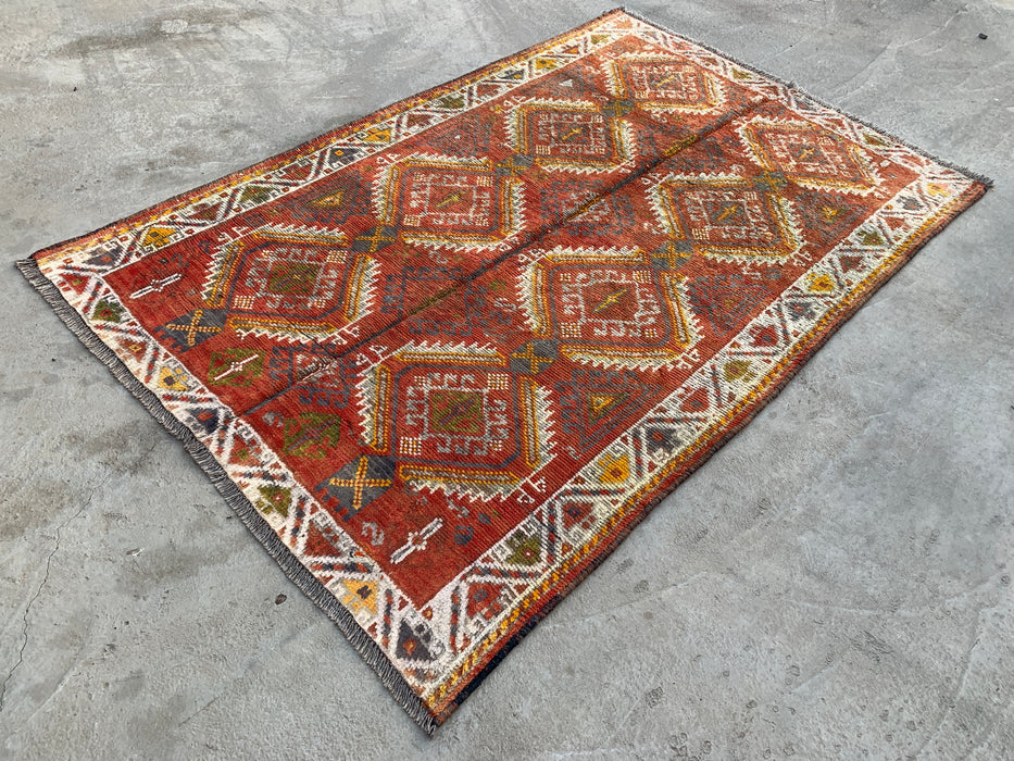 7'6 x 4'11 Hand-Knotted Persian Wool Rug - Faded Rust Tribal Diamond Design - KBHM-961