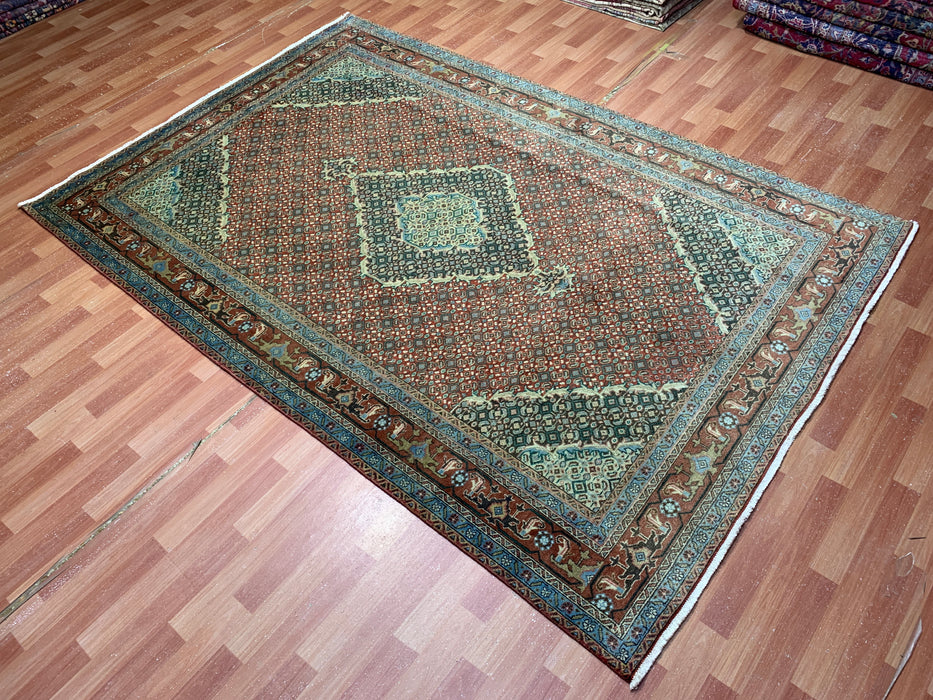 6’5” × 9’4” Hand-Knotted Persian Bijar Wool Rug – Rust Red Mahi Design with Medallion