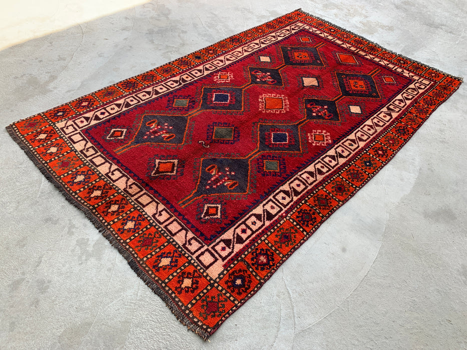 7'7 x 4'7 handgeknoopt Perzisch wollen tapijt - Rood geometrisch tribaal medaillonontwerp - KBHM-977
