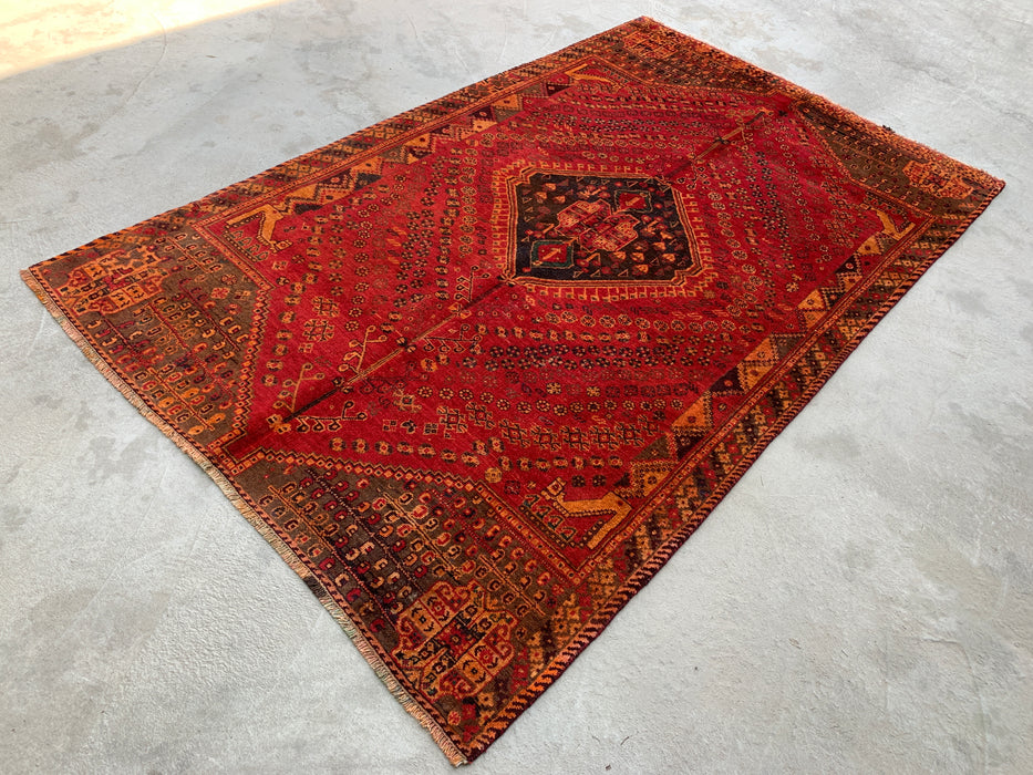 8'0 x 4'11 Handgeknoopt Perzisch wollen tapijt - Rood tribaal medaillonontwerp - KBHM-981