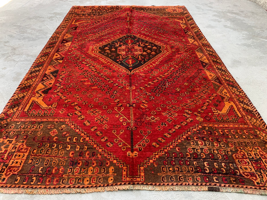 8'0 x 4'11 Handgeknoopt Perzisch wollen tapijt - Rood tribaal medaillonontwerp - KBHM-981
