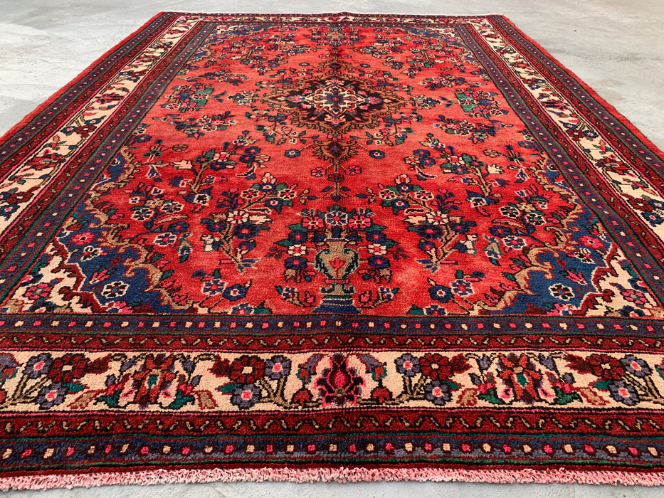 9'10 x 7'2 Handgeknoopt Perzisch wollen tapijt - Rood floraal medaillonontwerp - KBHM-988