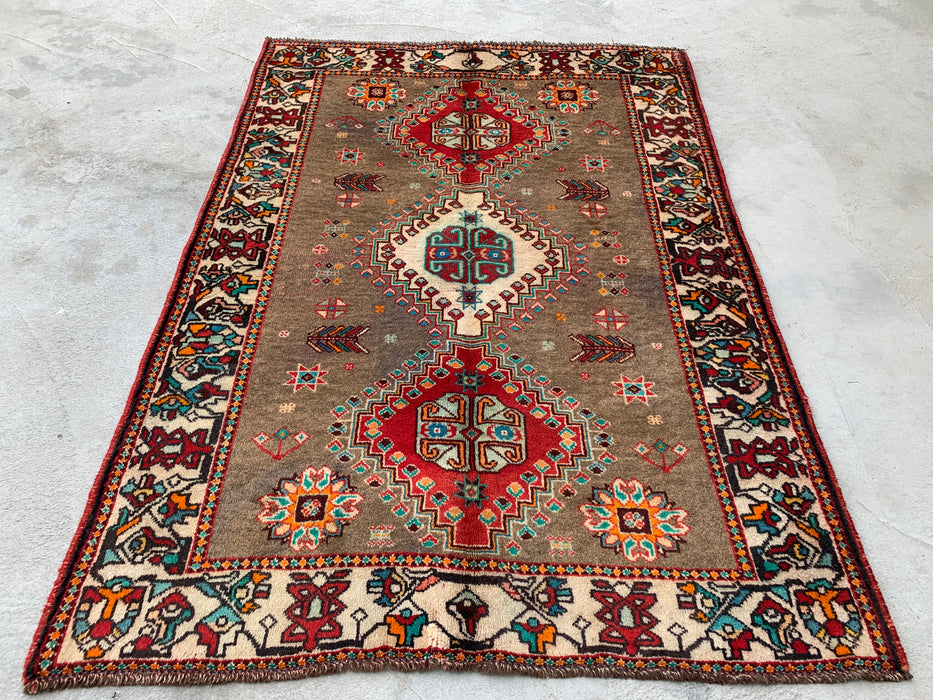 4'10 x 3'5 Handgeknoopt Perzisch wollen tapijt - Taupe geometrisch tribaal ontwerp - KBHM-997