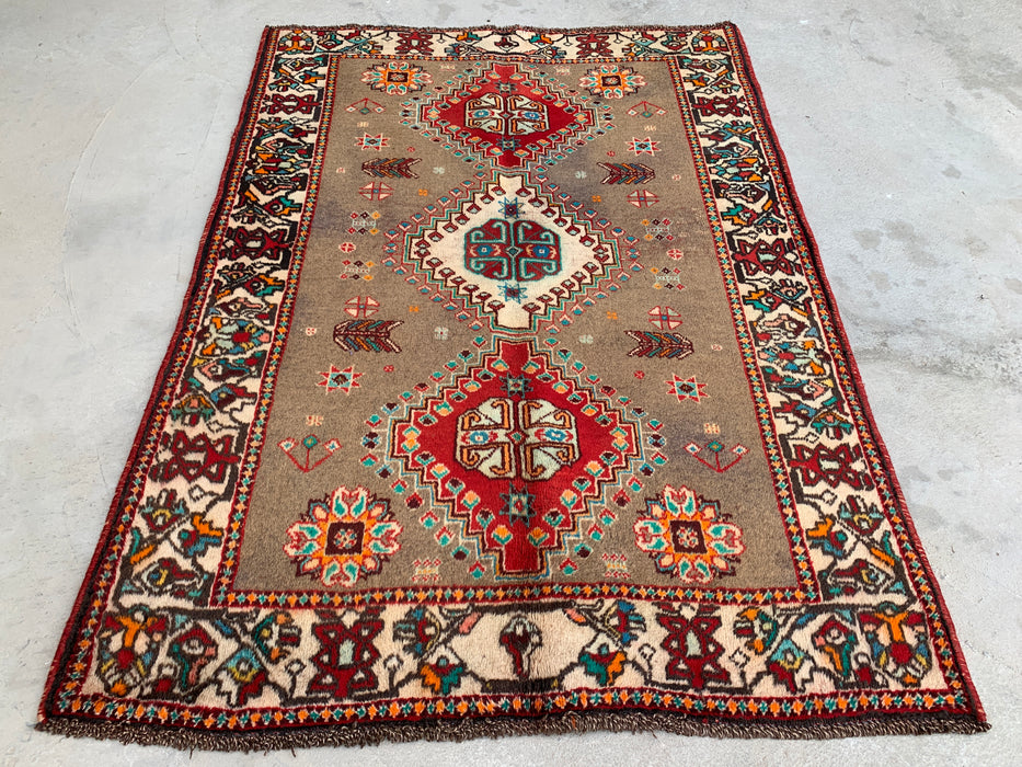 4'10 x 3'5 Handgeknoopt Perzisch wollen tapijt - Taupe geometrisch tribaal ontwerp - KBHM-997
