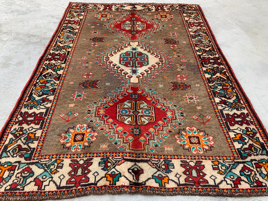 4'10 x 3'5 Handgeknoopt Perzisch wollen tapijt - Taupe geometrisch tribaal ontwerp - KBHM-997