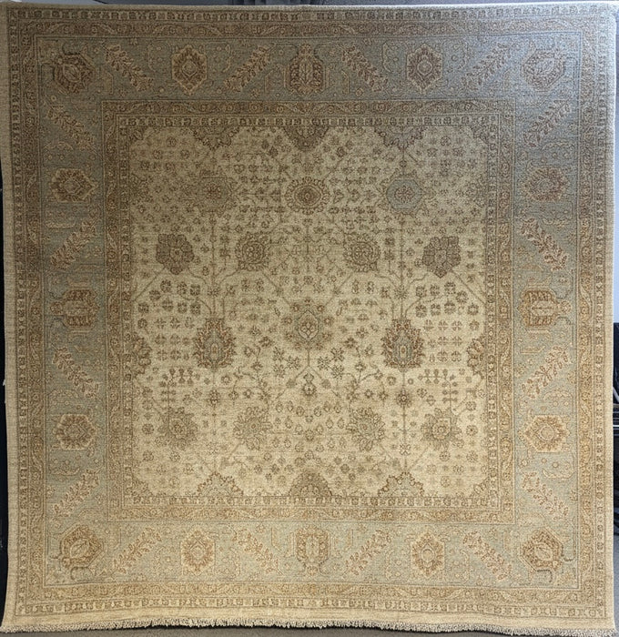 9'x12' Handgeknoopt Chobi wollen vloerkleed - Beige/Blauwachtig