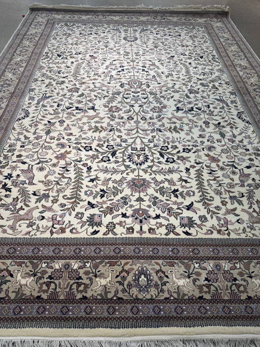 Hand-Knotted Palace-Style Wool Rug – Ivory Floral with Animal Motifs – 10' x 13'8"