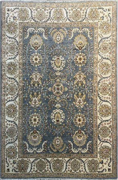 5'0" × 8'0" Handgeknoopt Chobi wollen tapijt – Marineblauw met groene & ivoorkleurige rand