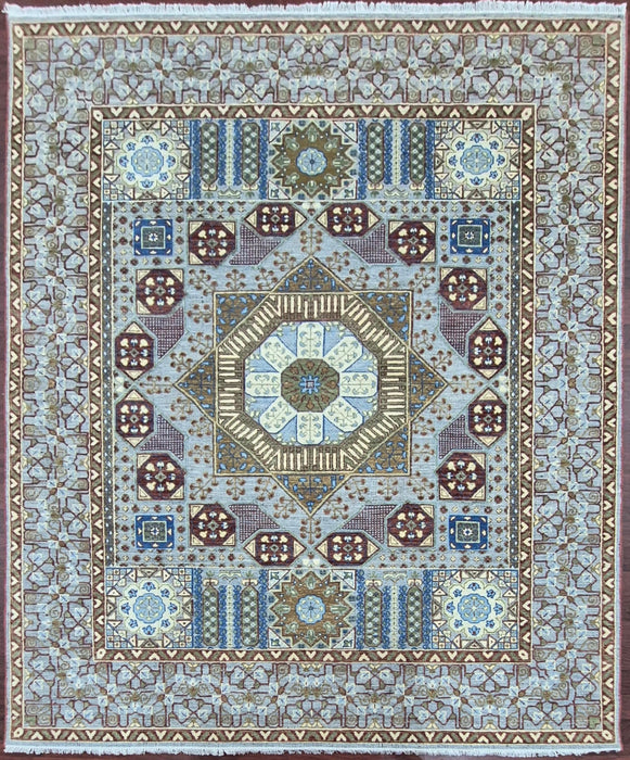 8x10 ft. Handgeknoopt tapijt, Oosters Mumlook reliëfdesign, Natuurlijk grijs