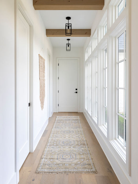 Almeria handgeknoopt vloerkleed — Mosterd / Lichtblauw | ALM-2301