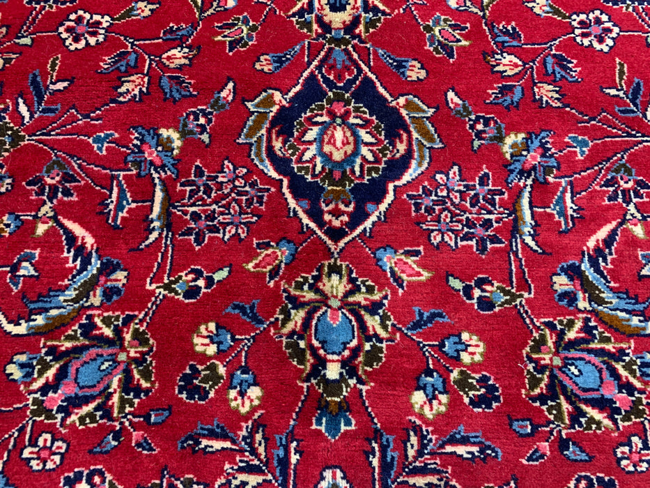 9’6” × 13’11” Handgeknoopt wollen Perzisch tapijt – Rood met marineblauwe rand en centraal medaillon