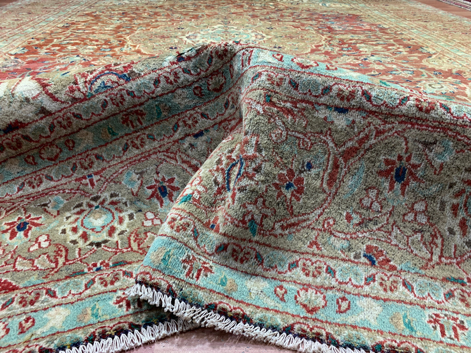 10’0” × 12’6” Hand-Knotted Persian Wool Rug – Terracotta Red with Sage & Ivory Accents