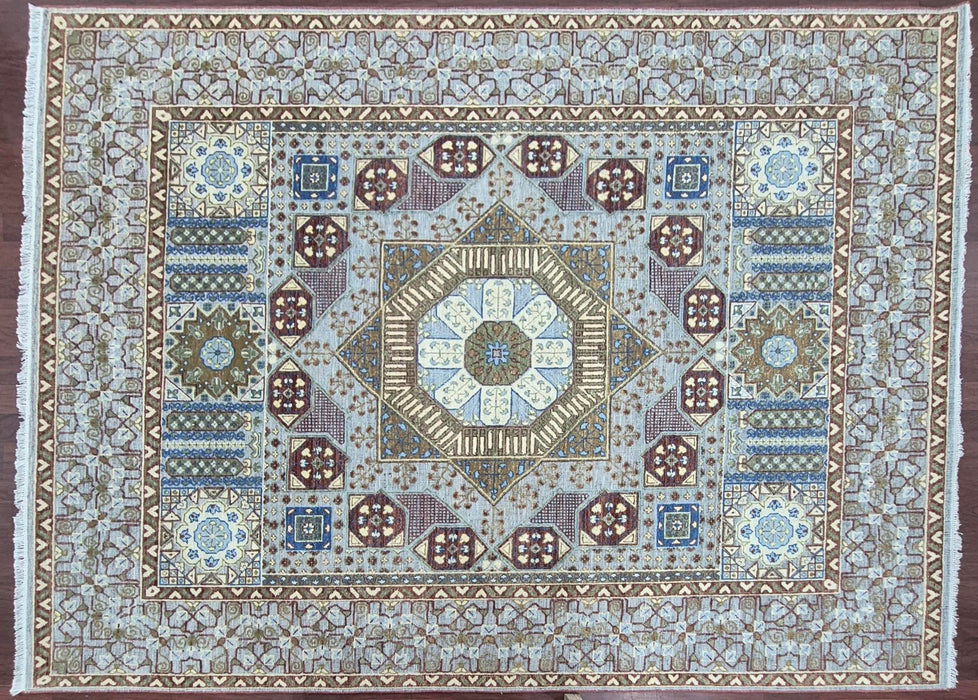 8x10 ft. Handgeknoopt tapijt, Oosters Mumlook reliëfdesign, Natuurlijk grijs