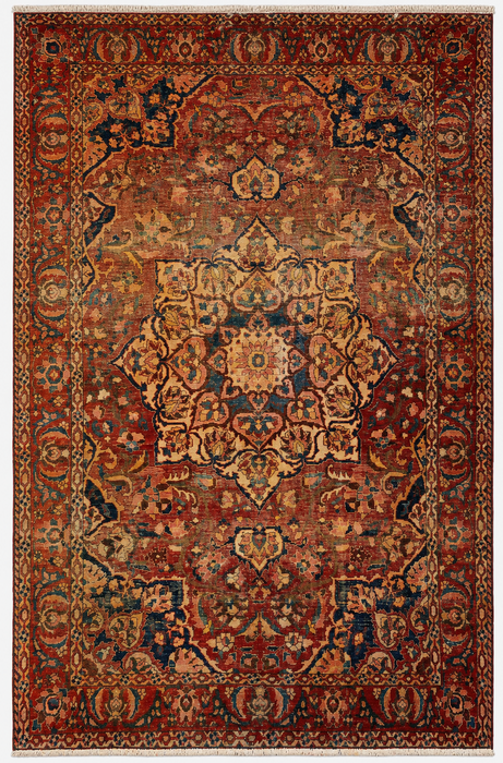 Handgemaakt Perzisch wollen vloerkleed 213x305 cm - Vintage medaillon tapijt in Perzische stijl, roestbruin, ivoor & blauw - Exacte afmeting 315 cm x 208 cm - KBHM-1105