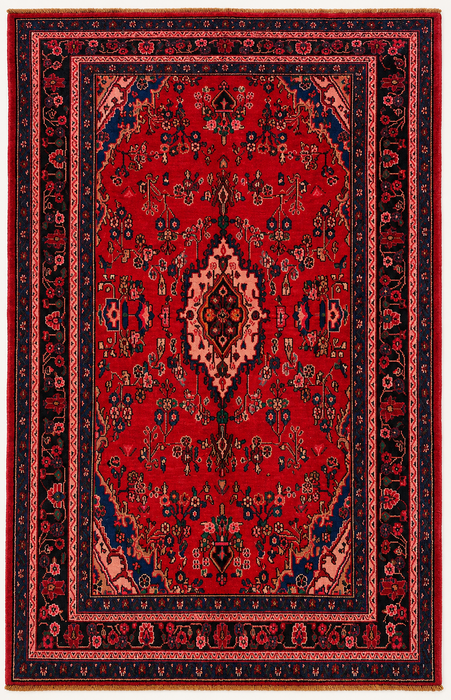 Handgemaakt Perzisch wollen karpet 7x10 - Rood, marineblauw & ivoorkleurig traditioneel Perzisch vloerkleed met medaillon - Exacte afmeting 10'8" x 6'11" - KBHM-1103