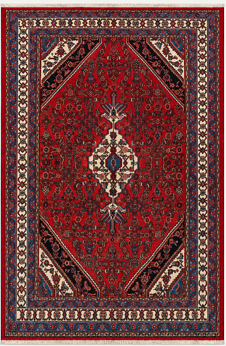 Handgemaakt Perzisch wollen vloerkleed 7x10 - Rood Perzisch tapijt in stammstijl met medaillon - Exacte afmetingen 10'1" x 7'1" - KBHM-677
