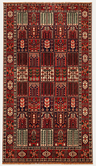 Handgemaakt Perzisch wollen vloerkleed 7x10 - Perzisch tapijt in rood, ivoor & bruin met panelen - Exacte maat 10'5" x 6'8" - KBHM-1101