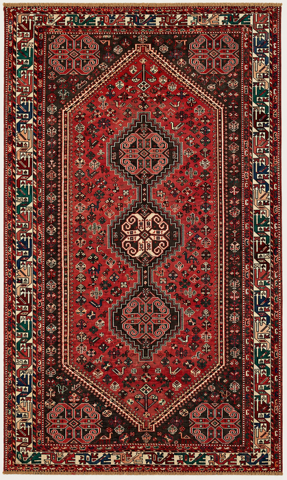 Handgemaakt Perzisch wollen vloerkleed 7x10 - Rood Perzisch tapijt met tribaal medaillon - Exacte afmeting 10'7" x 7'2" - KBHM-661