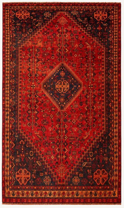 Handgemaakt Perzisch wollen vloerkleed 7x10 - Rood, marineblauw & roestkleurig tribaal medaillon Perzisch stijl kleed - Exacte afmeting 9'9" x 6'6" - KBHM-1095