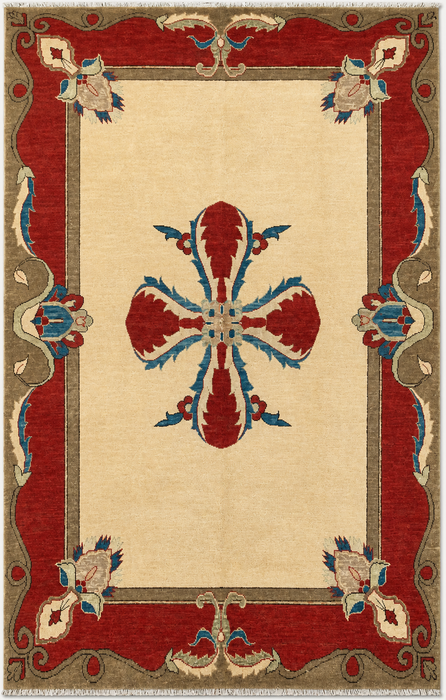 Handmade Persian Wool Area Rug 7x10 - Ivory Traditional Open Field Chobi Style Rug - Exact Size 8'2" x 5'10" - KBHM-627