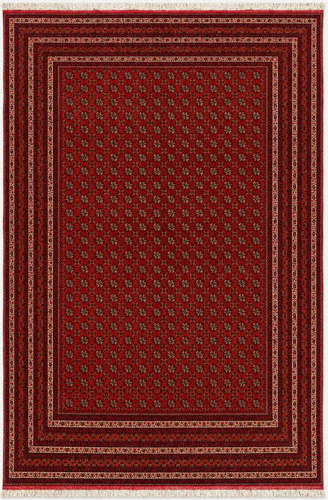 Handgemaakt Perzisch wollen vloerkleed 7x10 - Rood tribaal geometrisch kleed in Chobi-stijl - Exacte afmetingen 9'4" x 6'7" - KBHM-626