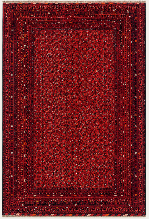Handgemaakt Perzisch wollen vloerkleed 7x10 - Rood tribaal geometrisch Chobi-stijl kleed - Exacte maat 9'8" x 6'8" - KBHM-617