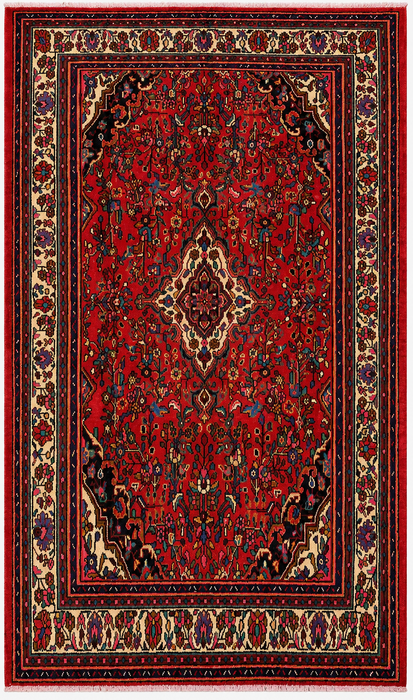 Handgemaakt Perzisch wollen vloerkleed 213x305 - Rood, ivoor & marineblauw traditioneel Perzisch tapijt met bloemenmedaillon - Exacte afmeting 300 cm x 216 cm - KBHM-1094
