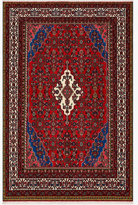 Handgemaakt Perzisch wollen vloerkleed 7x10 - Rood, blauw & ivoor traditioneel medaillon Perzische stijl kleed - Exacte afmetingen 10'0" x 6'11" - KBHM-1093