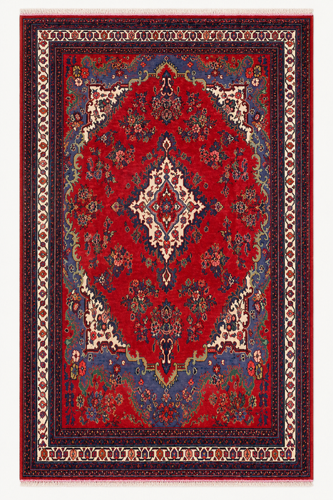 Handgemaakt Perzisch wollen vloerkleed 210x305 cm - Rood & marineblauw Perzisch tapijt met bloemenmedaillon - Exacte afmetingen 299 cm x 208 cm - KBHM-1152