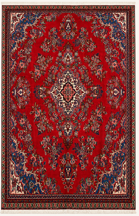Handgemaakt Perzisch wollen vloerkleed 7x10 - Rood, blauw & ivoor traditioneel Perzisch bloemenkleed - Exacte afmeting 10'2" x 7'0" - KBHM-1149