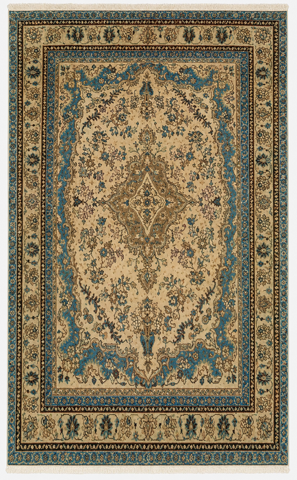 Handgemaakt Perzisch wollen vloerkleed 7x10 - Ivoor & Blauw traditioneel Perzisch vloerkleed met bloemenmedaillon - Exacte afmeting 10'2" x 6'6" - KBHM-1088