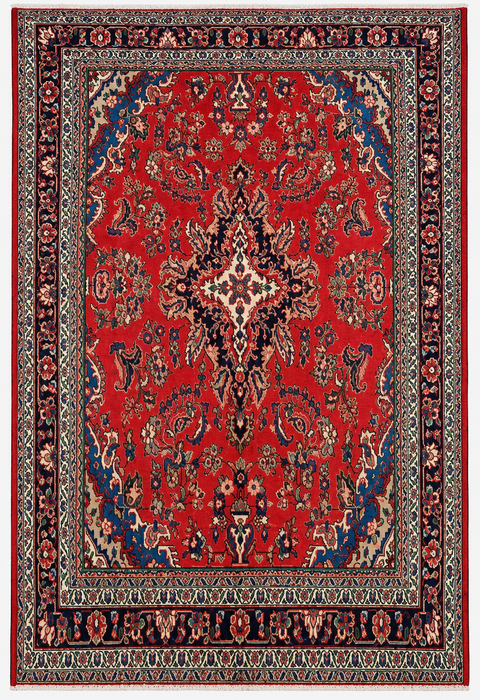 Handgemaakt Perzisch wollen vloerkleed 7x10 - Rood, blauw & ivoor traditioneel bloemenmedaillon Perzische stijl kleed - Exacte afmeting 10'3" x 7'2" - KBHM-1087
