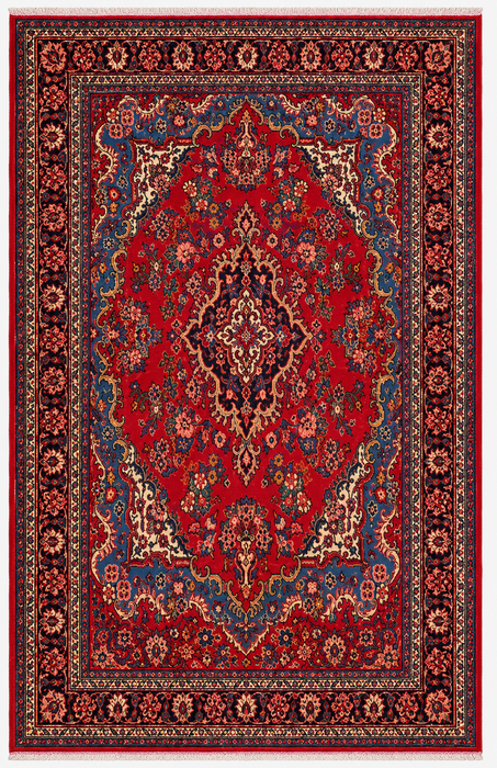 Handgemaakt Perzisch wollen vloerkleed 215x305 cm - Traditioneel Perzisch tapijt met medaillon in rood, blauw & ivoor - Exacte afmeting 297 cm x 213 cm - KBHM-1086