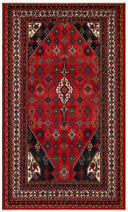 Handgemaakt Perzisch wollen vloerkleed 7x10 - Rood, ivoor & marineblauw traditioneel geometrisch medaillon Perzisch stijl kleed - Exacte afmeting 10'3" x 7'4" - KBHM-1044
