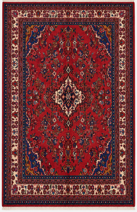 Handgemaakt Perzisch wollen vloerkleed 7x10 - Rood, marineblauw & ivoorkleurig traditioneel medaillon Perzisch stijl kleed - Exacte afmeting 10'1" x 6'10" - KBHM-1042