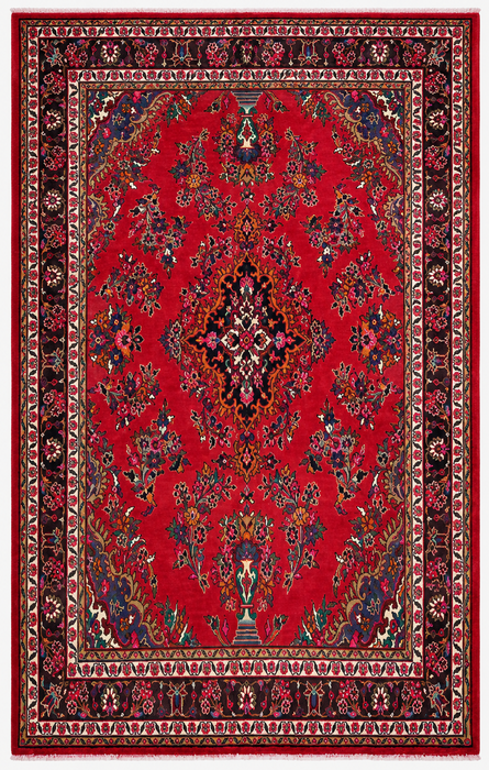 Handgemaakt Perzisch wollen vloerkleed 7x10 - Rood, blauw & ivoorkleurig traditioneel medaillon Perzisch stijl tapijt - Exacte afmeting 315 cm x 211 cm - KBHM-1040