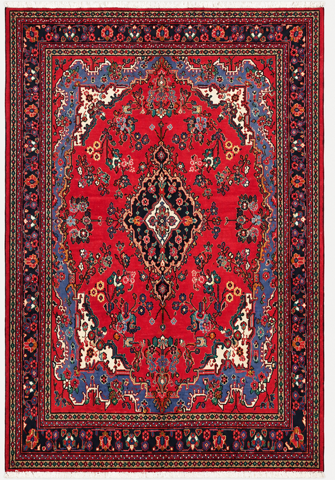 Handgemaakt Perzisch wollen vloerkleed 7x10 - Rood, blauw & ivoor traditioneel medaillon Perzisch stijl kleed - Exacte afmeting 10'0" x 7'3" - KBHM-1039