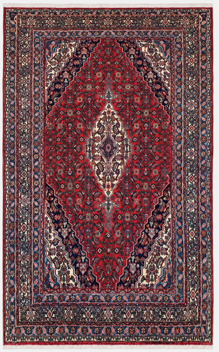 Handgemaakt Perzisch wollen vloerkleed 7x10 - Rood, blauw en ivoorkleurig traditioneel Perzisch kleed met geometrisch medaillon - Exacte afmetingen 10'5" x 7'0" - KBHM-1038