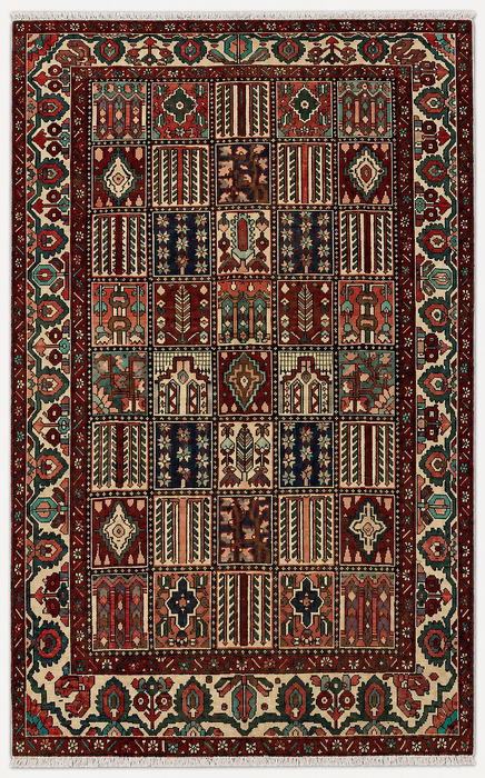 Handgemaakt Perzisch wollen vloerkleed 7x10 - Veelkleurig geometrisch patchwork kleed in Perzische stijl - Exacte afmeting 9'5" x 6'7" - KBHM-1006