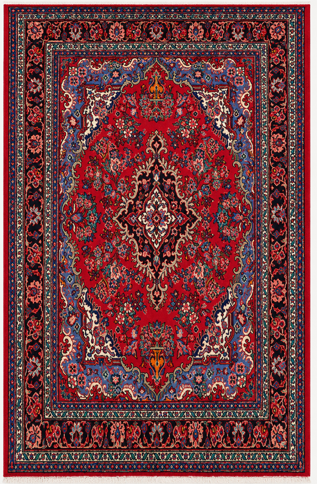 Handgemaakt Perzisch wollen vloerkleed 215x300 cm - Rood, blauw en ivoor traditioneel medaillon Perzisch stijl kleed - Exacte afmeting 297 cm x 216 cm - KBHM-1037
