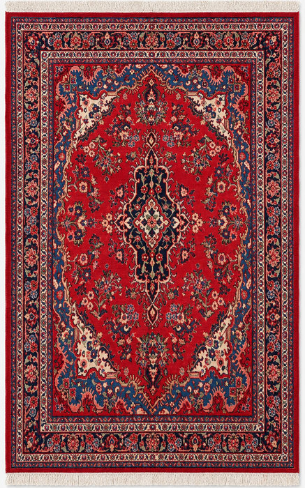 Handgemaakt Perzisch wollen vloerkleed 7x10 - Rood, blauw & ivoor traditioneel medaillon Perzisch stijl kleed - Exacte afmetingen 9'11" x 7'0" - KBHM-1034