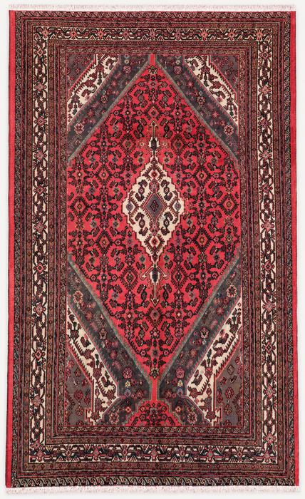 Handgemaakt Perzisch wollen vloerkleed 7x10 - Rood, ivoor & houtskool traditioneel geometrisch medaillon Perzische stijl kleed - Exacte afmeting 9'9" x 7'0" - KBHM-1033