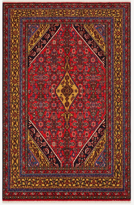 Handgemaakt Perzisch wollen vloerkleed 210x300 cm - Traditioneel Perzisch kleed met geometrisch medaillon in rood, marineblauw en goud - Exacte afmetingen 299,7 x 205,7 cm - KBHM-1030