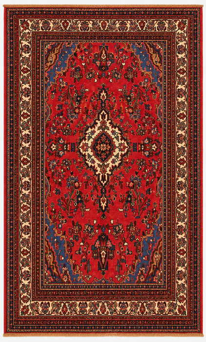 Handgemaakt Perzisch wollen vloerkleed 213x305 cm - Rood, blauw & ivoorkleurig traditioneel Perzisch tapijt met medaillon - Exacte afmetingen 310 cm x 221 cm - KBHM-1028