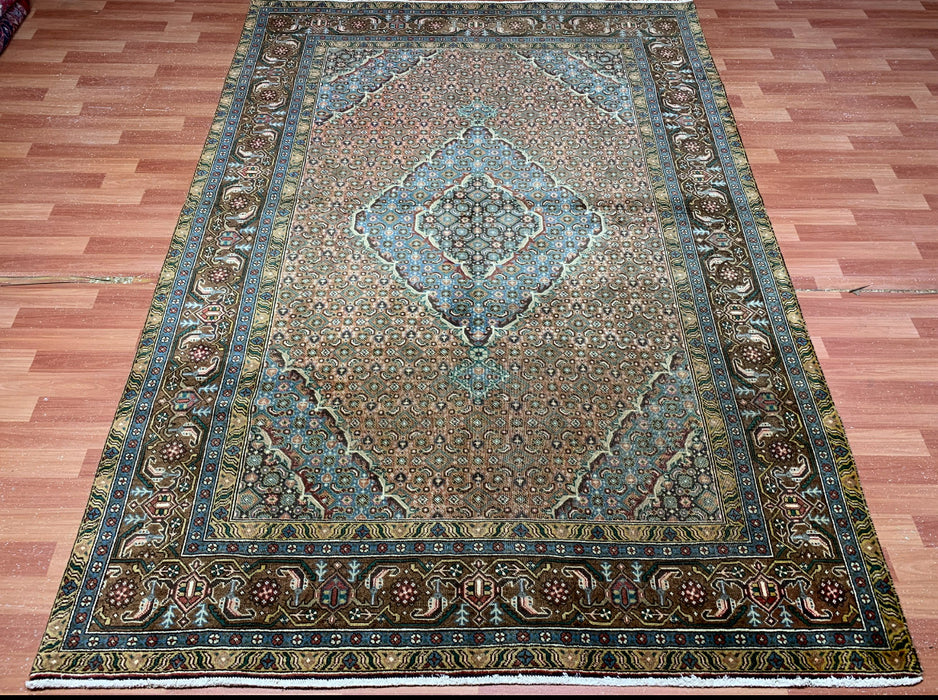 6’5” x 9’2” Hand-Knotted Persian Wool Rug – Brown & Teal Medallion Design