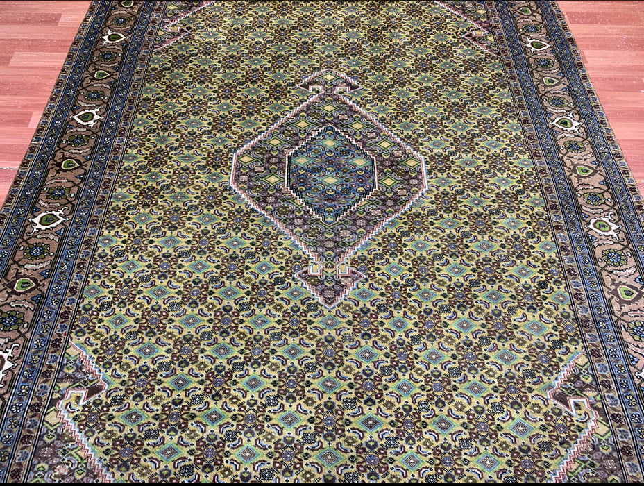 6’6” × 9’4” Hand-Knotted Wool Rug – Olive Green with Blue & Taupe Accents