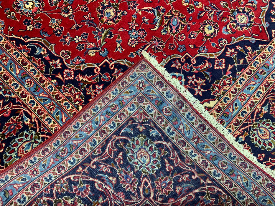 9’6” × 13’11” Handgeknoopt wollen Perzisch tapijt – Rood met marineblauwe rand en centraal medaillon