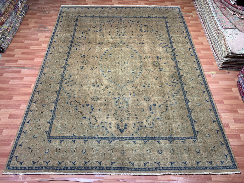 9’8” × 12’6” Hand-Knotted Wool Rug – Camel Brown Field with Navy & Taupe Floral Border