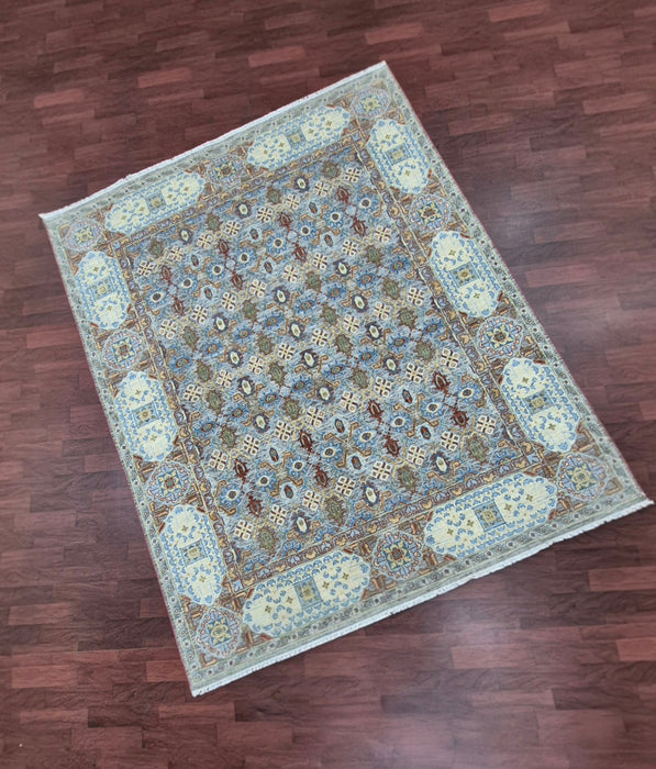 8x10ft, Handgeknoopte tapijten, Oosters Mamluk-reliëfmotief, Natuurlijk grijs