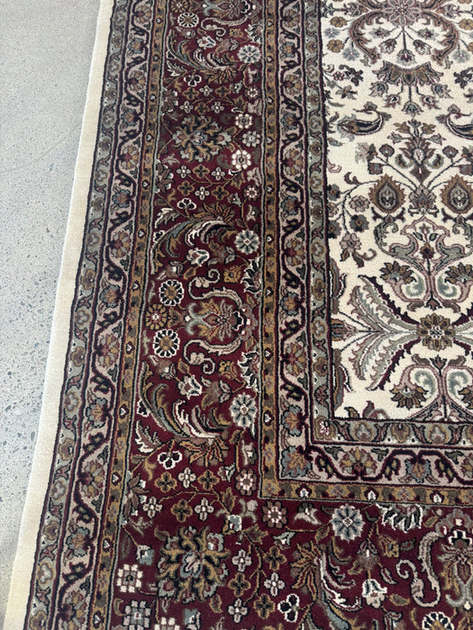 Hand-Knotted Wool Area Rug – Ivory Floral with Deep Brown Border – 10' x 14'